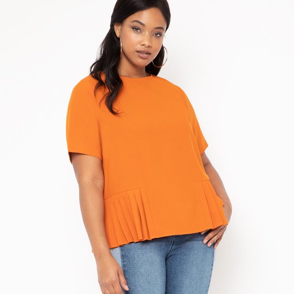 Eloquii Solid Orange Pleated Hem Short Sleeve Boxy Cut Blouse Size 20 - Picture 1 of 9